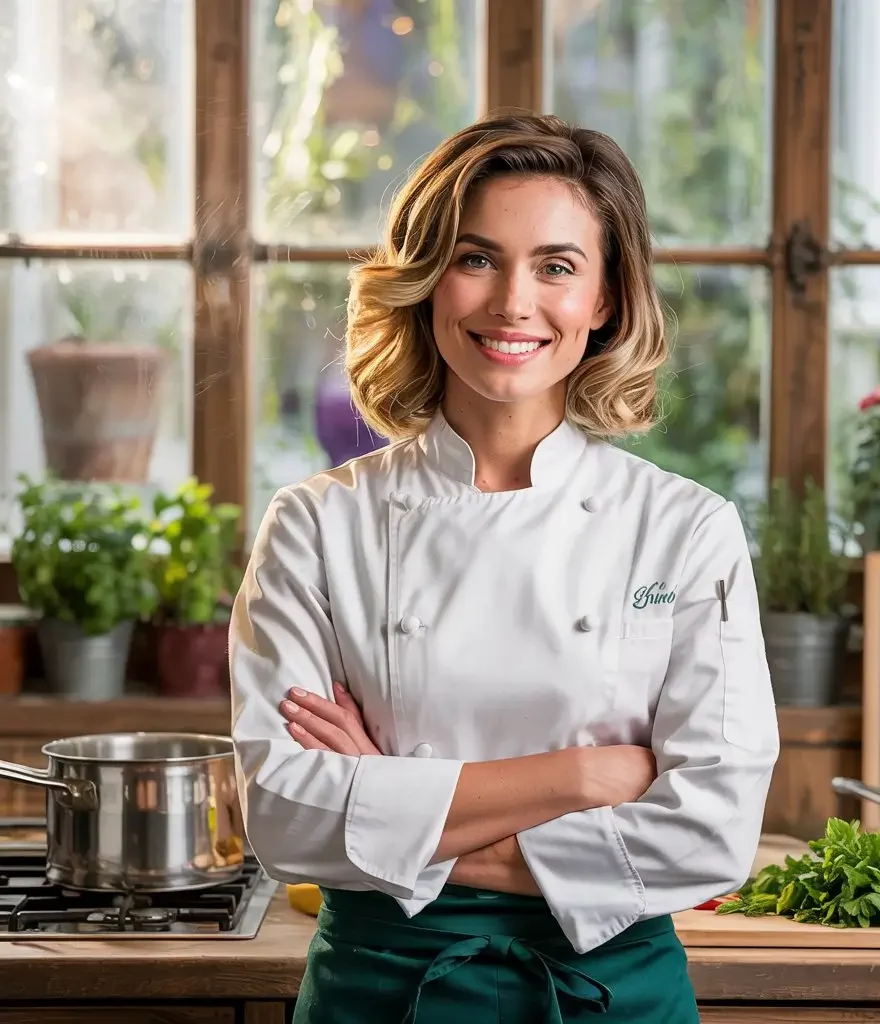 Home Page 4 Smiling young female chef in a white uniform standing confidently in a cozy kitchen with herbs and cooking utensils around.